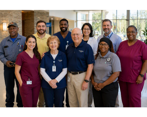 A diverse group of ten people, including healthcare workers in uniforms, stand smiling in a bright lobby, conveying a sense of teamwork and warmth.