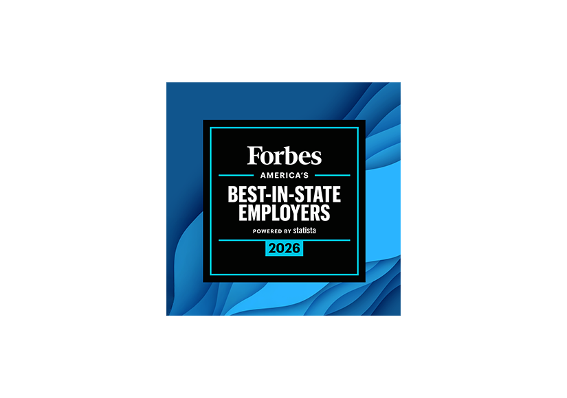 A blue geometric award graphic on a black background reads “Forbes America’s Best-in-State Employers 2026,” conveying a polished, prestigious recognition.