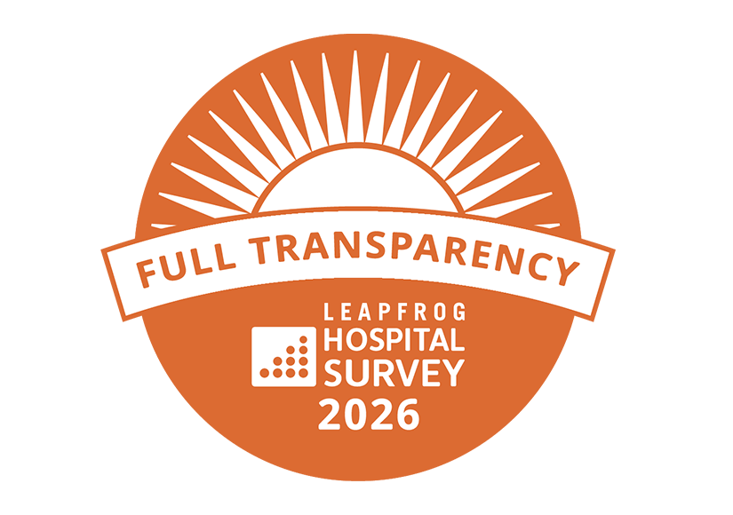 Orange-and-white badge reading “FULL TRANSPARENCY” and “LEAPFROG HOSPITAL SURVEY 2026,” with rising sun rays; bold, official tone.