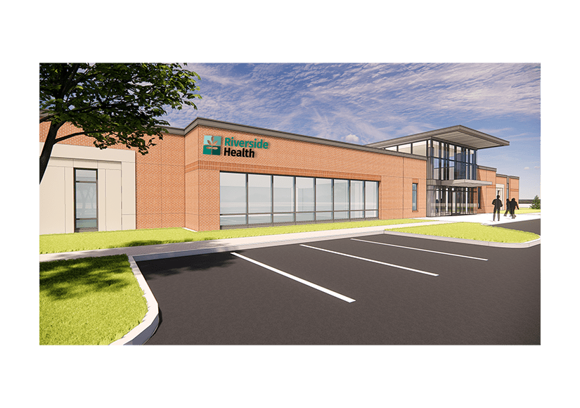 rendering of construction project with Riverside Health logo on it