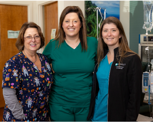 Three Riverside Health nurses and clinical team members standing together in a hospital patient care area, representing teamwork, compassionate care and a supportive healthcare culture.