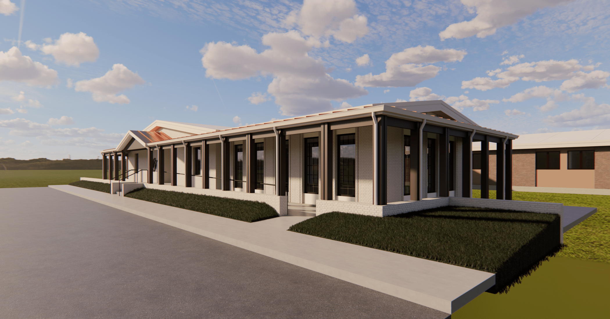 Architectural rendering of The Donna S. Thornton Hospice Home at Warwick Forest, highlighting the welcoming wraparound porch, white brick exterior, expansive windows, and landscaped grounds.