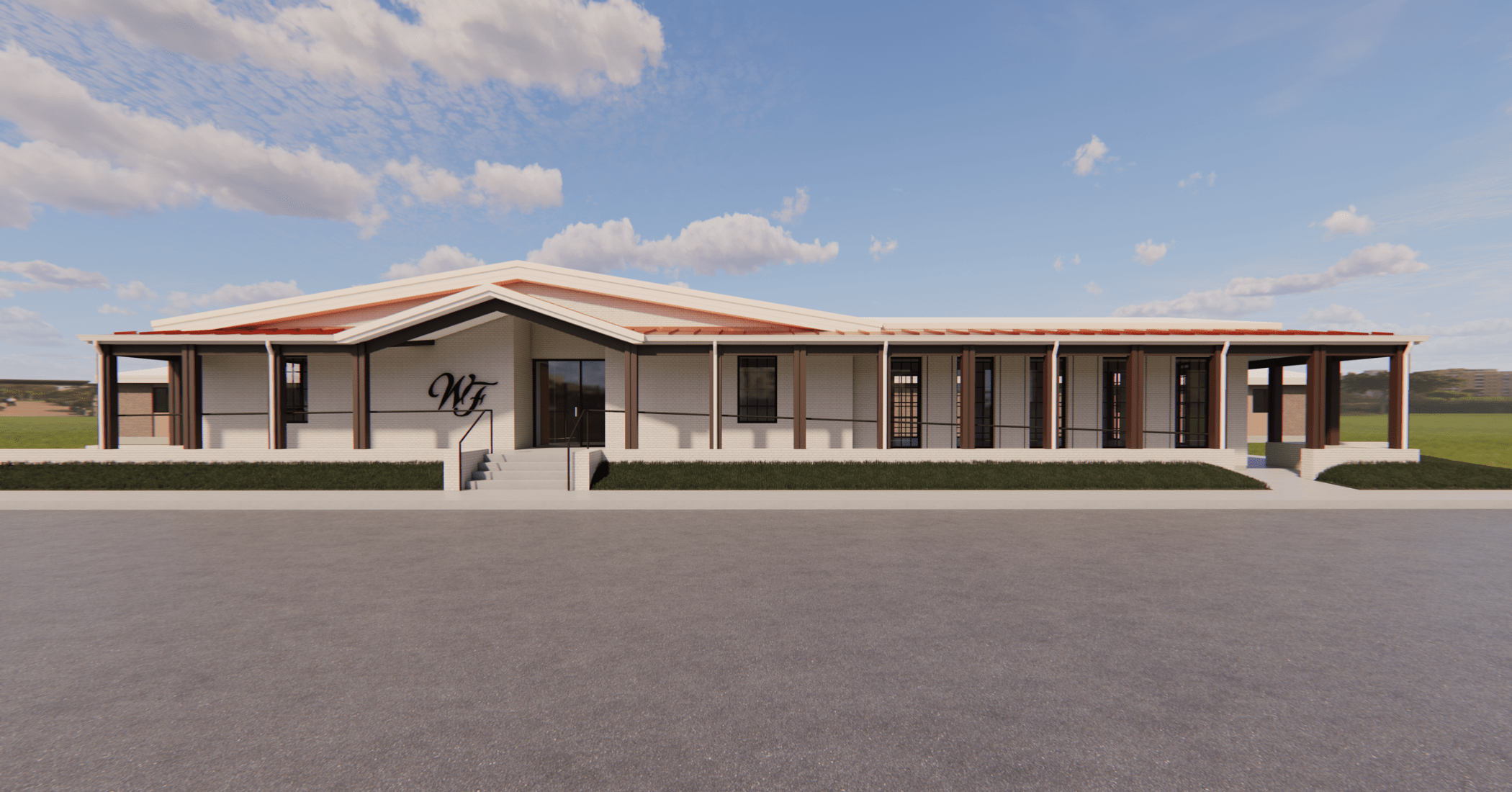 Front entrance rendering of The Donna S. Thornton Hospice Home, featuring a covered porch, accessible entryways, and residential-inspired architecture designed to create a warm, welcoming environment.