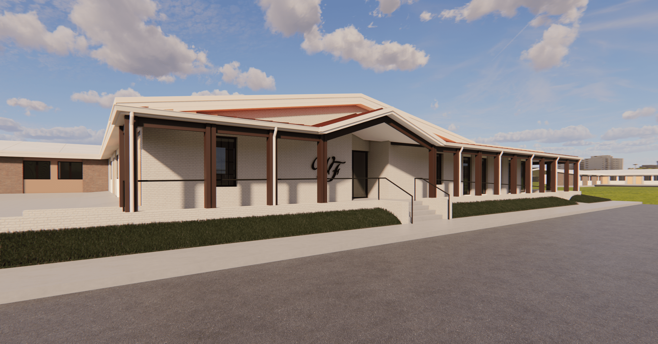 Full front elevation rendering of The Donna S. Thornton Hospice Home, illustrating the home's expansive covered porch, natural light-filled windows, and inviting residential design.