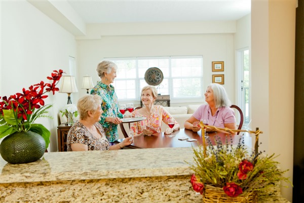 Senior girl friends at home game night