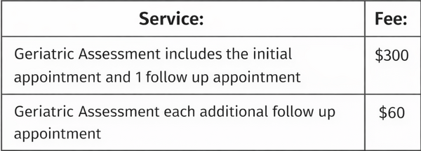Table listing geriatric assessment services. Initial appointment with follow-up costs $300, each additional follow-up is $60. Simple and clear layout.