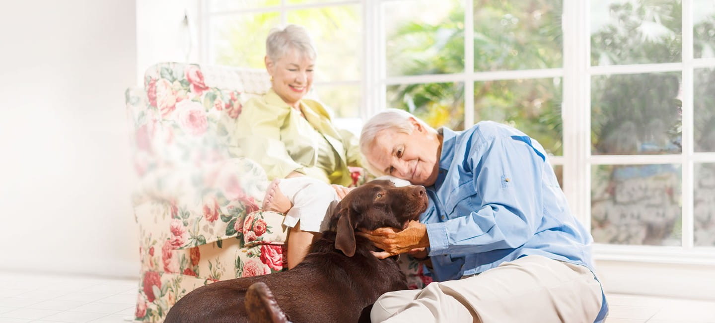 couple sitting with dog in their house