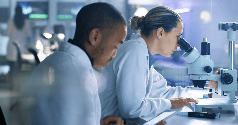 Serious male and female science professionals wearing lab coats in a modern laboratory use a microscope to analyse a petri dish. A team of scientists in the research field conducting experiments