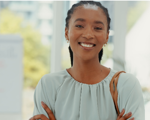 Happy black woman, portrait and confidence in office with happiness, motivation and professional pride with mockup.