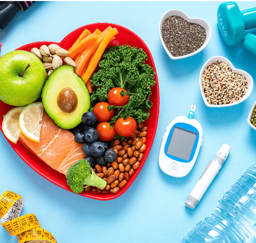 Healthy eating and exercising for blood glucose and weight control concept 