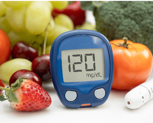 Glucose meter with vegetable and fruit for check sample blood sugar level to treatment diabetes