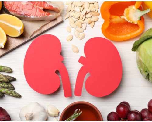 Flat lay composition with paper cutout of kidneys and different products on white wooden table 