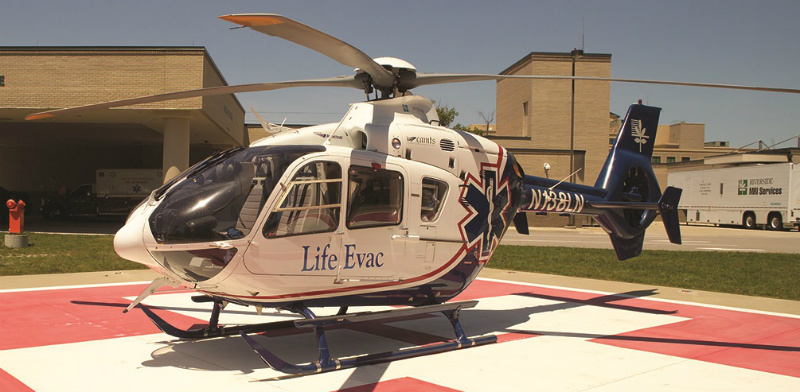 LifeEvac helicopter on landing pad at Riverside Regional Medical Center