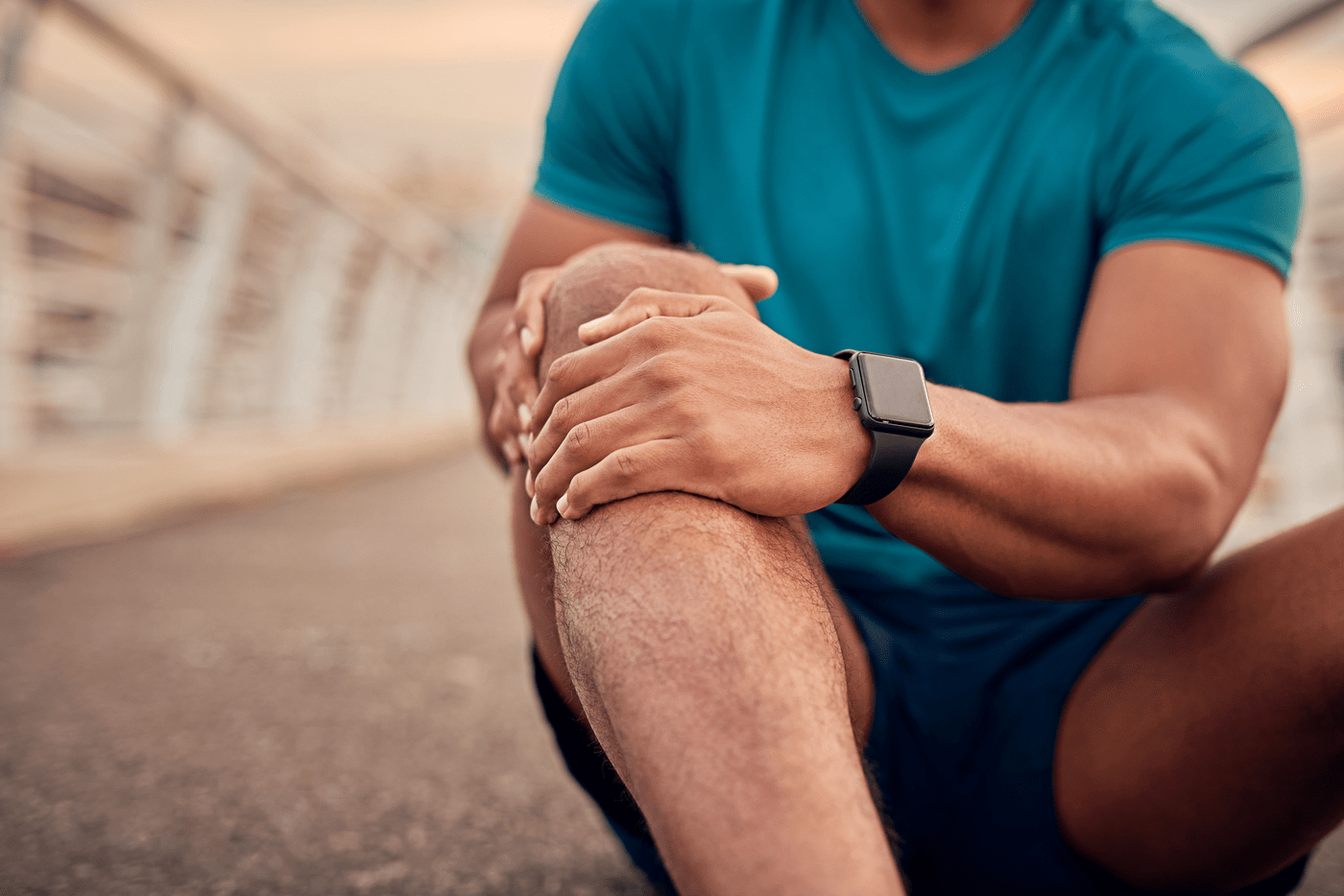 Man, fitness and pain for knee injury with training, accident and muscle sprain from workout. Exercise, sports and athlete with hurt leg for medical emergency, broken bone or inflammation in city