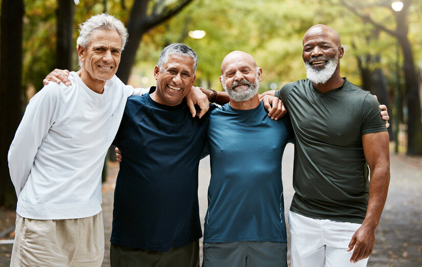 Four friends in casual wear smile with arms around each other on a tree-lined path. The scene conveys warmth and companionship in an outdoor setting.