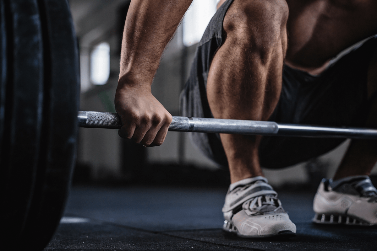 Bodybuilder exercising with barbell in the gym