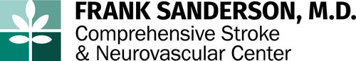 Logo for Frank Sanderson, M.D., Comprehensive Stroke & Neurovascular Center, features a white medical cross and plant icon on a green square
