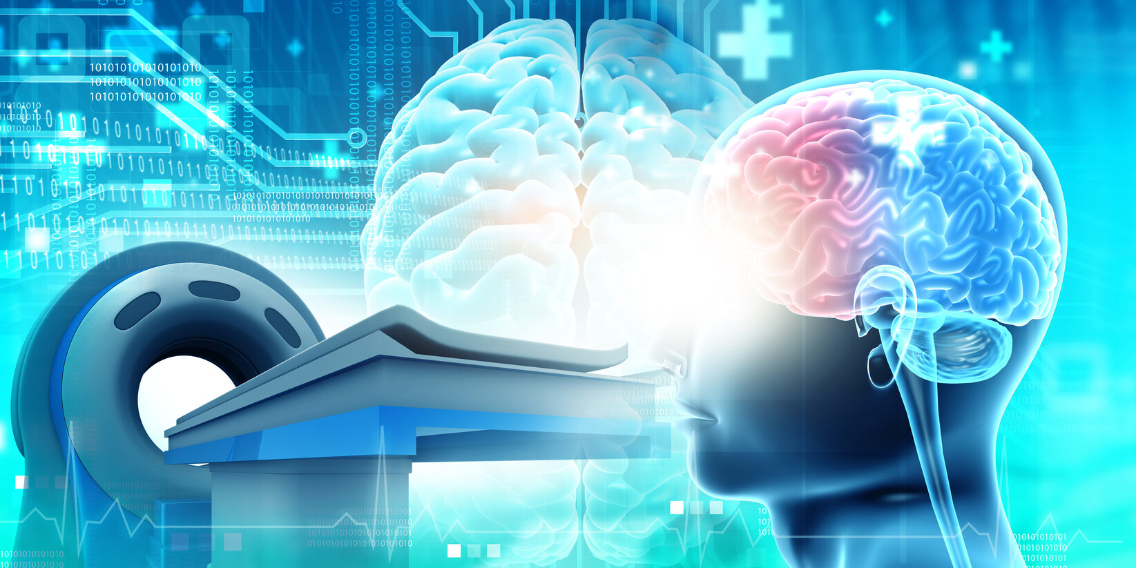 A digital illustration of a brain scan. A human figure with a highlighted brain stands before an MRI machine, symbolizing medical technology and neuroscience.