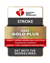 Award badge featuring the American Heart Association logo and the text: "Stroke 2025 Gold Plus, Honor Roll Elite Plus, Type 2 Diabetes Honor Roll."