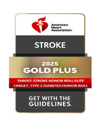 Award badge with the American Heart Association logo, labeled "Stroke, 2025 Gold Plus," recognizing stroke care excellence. Text: "Get With The Guidelines."