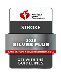 Silver medal badge with "American Heart Association" logo. Text reads: "Stroke 2025 Silver Plus, Target: Type 2 Diabetes Honor Roll, Get with the Guidelines."