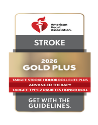 The image is an American Heart Association award badge for stroke care. It reads "2026 Gold Plus," highlighting achievements in advanced therapy and Type 2 diabetes care.