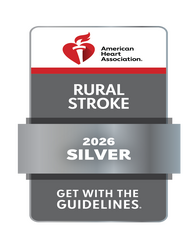 Silver award badge from the American Heart Association for "Rural Stroke 2026," with "Get With The Guidelines" text on a black background.