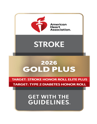 American Heart Association award badge for 2026 Gold Plus Stroke. Recognizes Stroke Honor Roll Elite Plus, Type 2 Diabetes Honor Roll. 'Get With The Guidelines' branding.