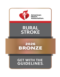 Award badge for the American Heart Association's 2026 Rural Stroke program, featuring a bronze band and "Get With The Guidelines" text below.