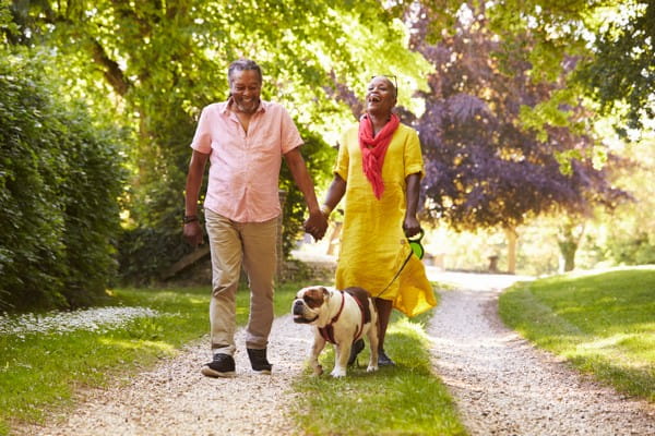 Couple walking dog in woods