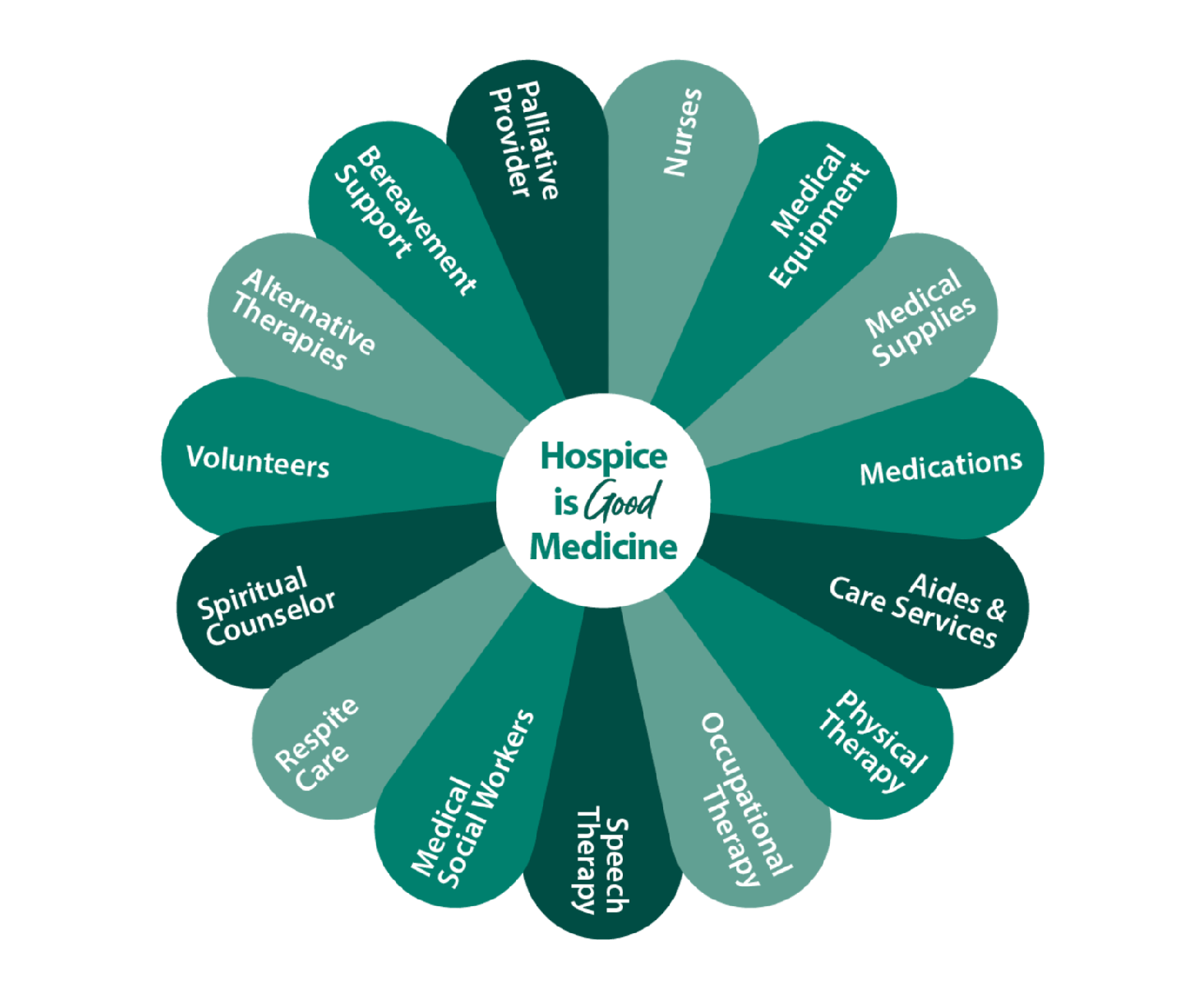 Flower-shaped diagram with a white center reading "Hospice is Good Medicine." Each petal lists services like "Bereavement Support" and "Medical Equipment.