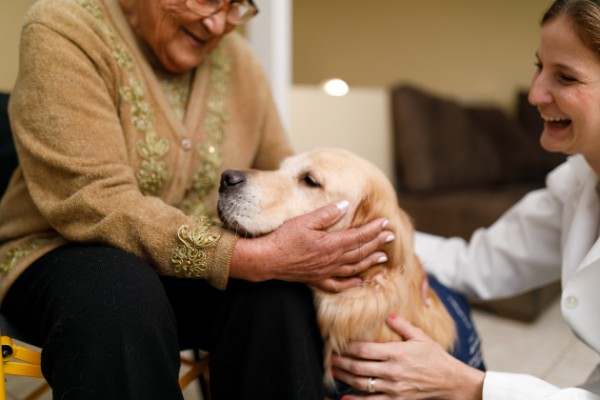 Senior woman and caregiver with therapy dog at home